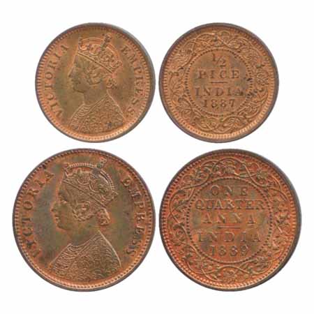 Victoria Empress, Copper ¼ Anna and ½ Pice, 1889 and 1887, Calcutta Mint, (PR 622, 719) (2