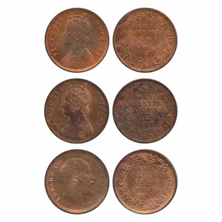 Victoria Empress / Edward VII, Copper ¼ Anna (3), 1880, 1896 and 1903, Calcutta Mint, (PR 