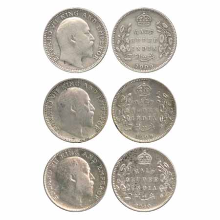Edward VII, Silver ½ Rupees (3), 1909 (2), Calcutta Mint, (PR 313), 1910, Bombay Mint, 'B'