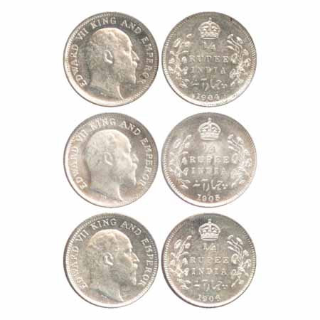 Edward VII, Silver ¼ Rupees (3), 1904, 1905 and 1906, Calcutta Mint, (PR 433, 434, 435). (