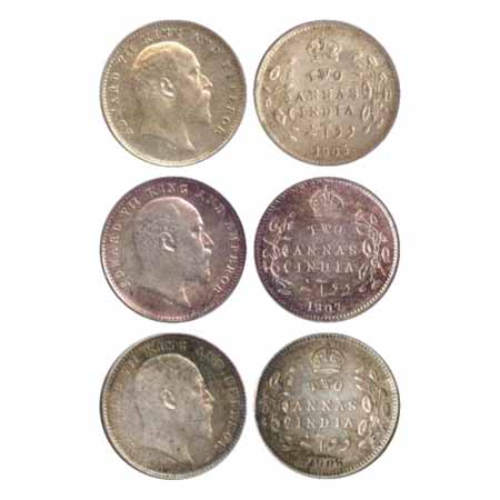 Edward VII, Silver 2 Annas (3), 1903, 1907 and 1908, Calcutta Mint, (PR 556, 560, 561). (3
