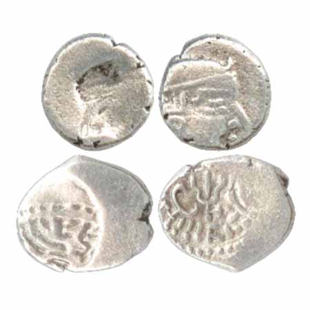 Maitrakas of Vallabhi, Silver Drachma (2), (A) obverse Brockage, (B) normal reverse with u