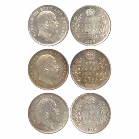 Edward VII, Silver 2 Annas (3), 1905, 1907, 1910, Calcutta Mint, (PR 558, 560, 563). (3 Co