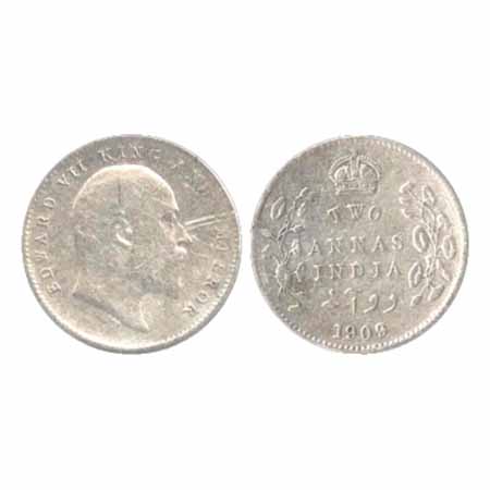 Edward VII, Silver, 2 Annas, 1909, Calcutta Mint, no mm, (PR 562). Very Fine, Rare.