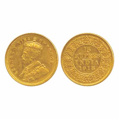 George V, Gold 15 Rupees, 1918, Bombay Mint, reverse design: As the Victorian Ten Rupees w