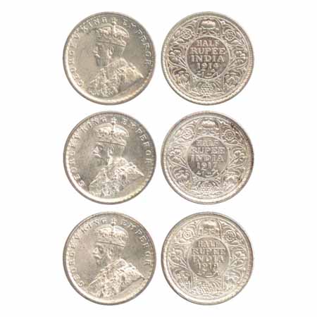 George V, Silver ½ Rupees (3), 1914, 1917, 1919, Bombay Mint, dot (PR 338, 341, 343). (3 C
