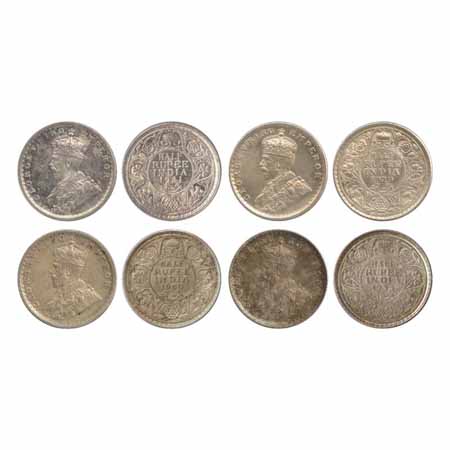 George V, Silver ½ Rupees (4), 1921, 1929, 1930 and 1933, Calcutta Mint, no dot (PR 324, 3
