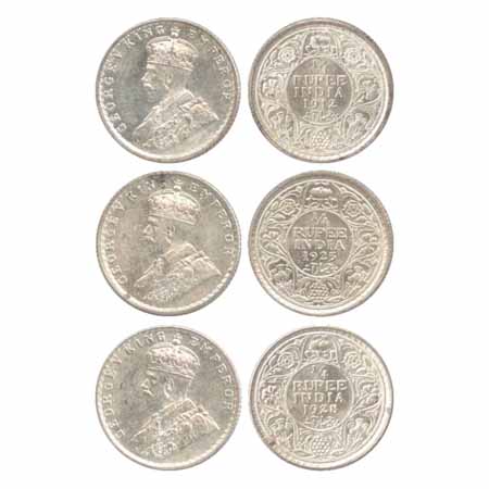 George V, Silver ¼ Rupees (3), 1912, 1925, 1928, Bombay Mint, dot (PR 454, 458, 459). (3 C