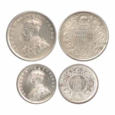 George V, Silver ½ Rupee and ¼ Rupee, 1930, Calcutta Mint, (PR 332, 451). (2 Coins) Extrem