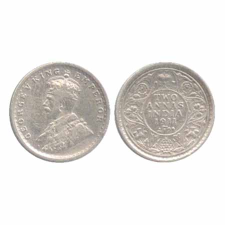George V, Silver 2 Annas, 1911, Calcutta Mint, no dot, pig type (PR 564). Very Fine, Rare.