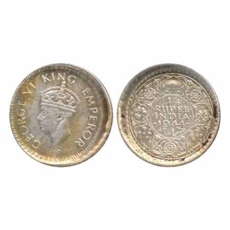 George VI, Half Silver ¼ Rupee. 1944, Bombay Mint, dot, error off center miss strike. Abou