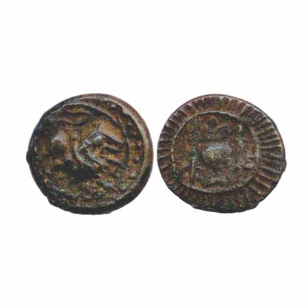 Vishnukundin, Copper, 9.23g. Obv: Lion facing to right with upraised paw. Rev: Conch shell
