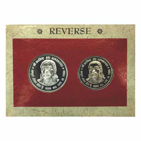 1998, Shri Aurobindo, UNC set of 2 coins, 100 Rupees and 50 Rupees, Bombay Mint.