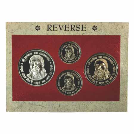 1998, Shri Aurobindo, UNC set of 4 coins, 100 Rupees, 50 Rupees, 10 Rupees and 2 Rupees, M