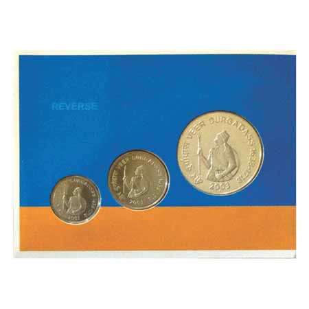 2003, Veer Durgadass, UNC Set of 3 Coins, 100 Rupees, 10 Rupees and 1 Rupee, Mumbai Mint.