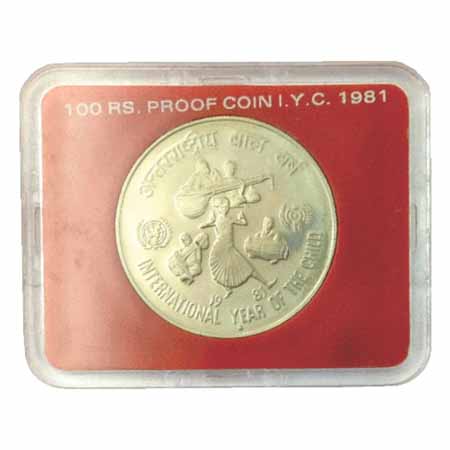 1981, International years of the child, Proof Set of 1 Coin, 100 Rupees, Bombay Mint.