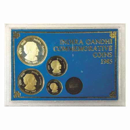 1985, Indira Gandhi, Proof Set of 4 Coins, 100 Rupees, 20 Rupees, 5 Rupees and 50 paisa, B