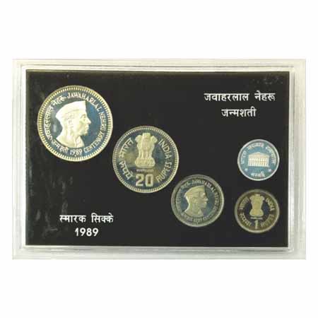 1989, Jawaharlal Nehru Centenary, Proof Set of 4 Coins, 100 Rupees, 20 Rupees, 5 Rupees an
