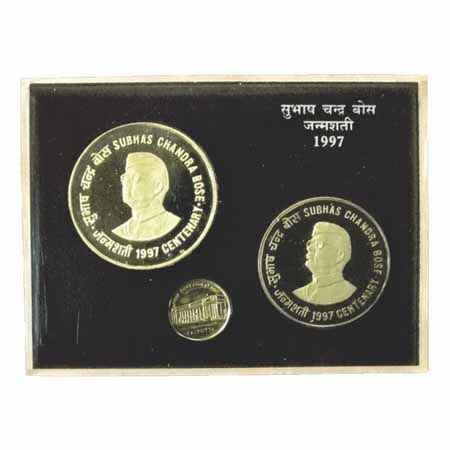 1997, Subhas Chandra Bose, Proof Set of 2 Coins, 100 Rupees and 50 Rupees, Calcutta Mint.
