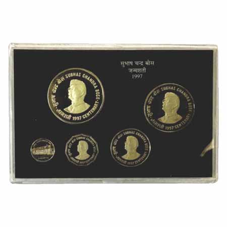 1997, Subhas Chandra Bose, Proof Set of 4 Coins, 100 Rupees , 50 Rupees, 10 Rupees and 2 R