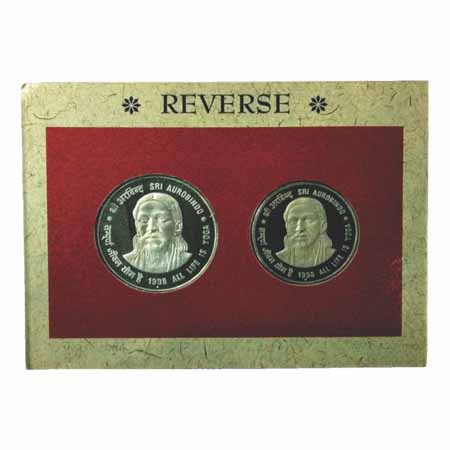 1998, Sri Aurobindo, Proof Set of 2 Coins, 100 Rupees and 50 Rupees, Calcutta Mint.