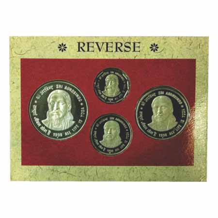 1998, Sri Aurobindo, Proof Set of 4 Coins, 100 Rupees, 50 Rupees, 10 Rupees and 2 Rupees, 