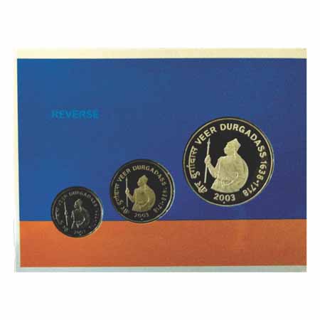 2003, Veer Durgadass, Proof Set of 3 Coins, 100 Rupees, 10 Rupees and 1 Rupee, Bombay Mint