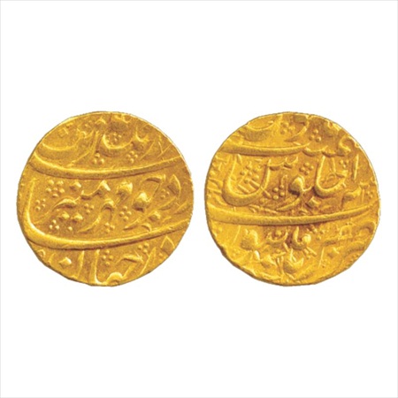 Aurangzeb (1658-1707 AD), Gold Mohur, Burhanpur Mint, RY 1x, 11g. (KM 315.16). About Extre