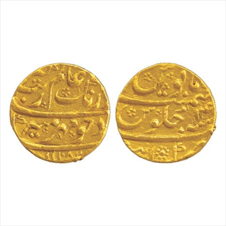 Aurangzeb (1658-1707 AD), Gold Mohur, Khambayat Mint, AH 1082/RY 14, 11.03g. (KM 315.27). 