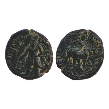 Kushans – Wima Kadphises (c.110-127AD), Copper quarter unit, MAC3059, 4.23g. Obv: king sta