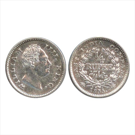 William IV, Silver ¼ Rupee, 1835, Calcutta Mint, 'F' raised, 18 berries, dot after date, (