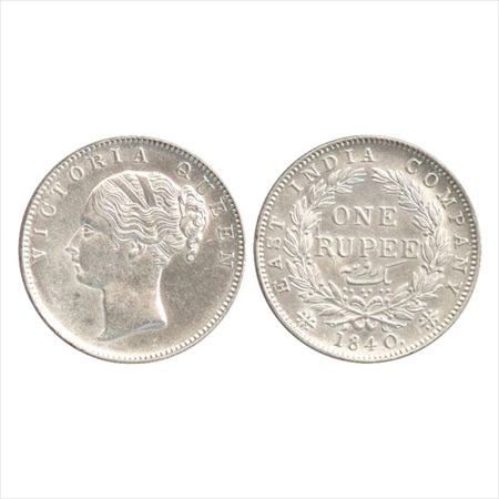 Victoria Queen, Continuous Legend, Silver Rupee, 1840, Calcutta Mint, English head (short 