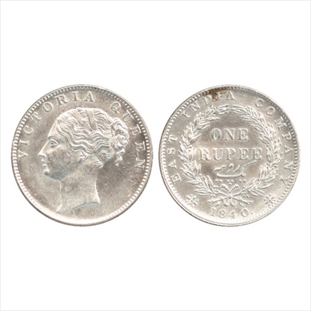 Victoria Queen, Continuous Legend, Silver Rupee, 1840, Calcutta Mint, English head modifie