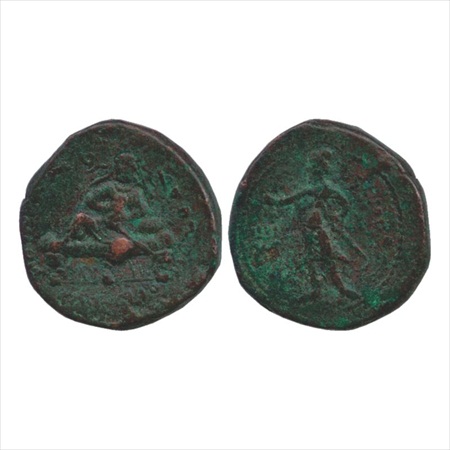 Kushans – Huvishka (c.150-185AD), Copper unit, MAC3239, 16.10g. Obv: king, radiate, reclin