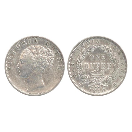 Victoria Queen, Continuous Legend, Silver Rupee, 1840, Calcutta Mint, English head modifie