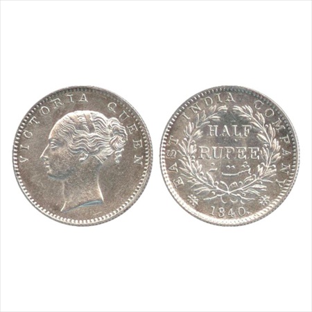 Victoria Queen, Continuous Legend, Silver ½ Rupee, 1840, Calcutta Mint, English head, 19 b