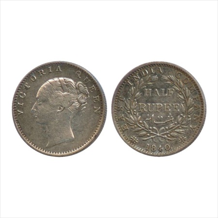 Victoria Queen, Continuous Legend, Silver ½ Rupee, 1840, Calcutta Mint, English head, 19 b