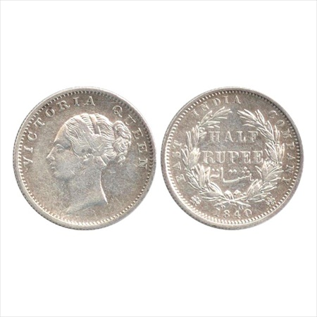 Victoria Queen, Continuous Legend, Silver ½ Rupee, 1840, Calcutta Mint. Obv: Indian head, 