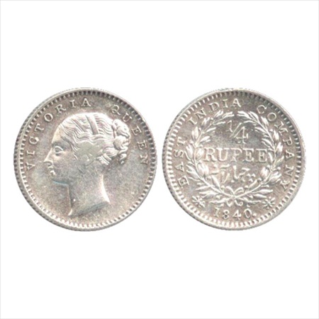 Victoria Queen, Continuous Legend, Silver ¼ Rupee, 1840, Calcutta Mint, English head, 20 b