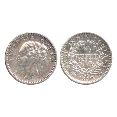 Victoria Queen, Continuous Legend, Silver ¼ Rupee, 1840, Madras Mint, English head, 'S' in