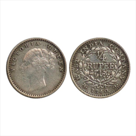 Victoria Queen, Continuous Legend, Silver ¼ Rupee, 1840, Madras Mint, English head, 'S' in