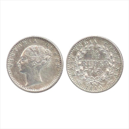 Victoria Queen, Continuous Legend, Silver ¼ Rupee, 1840, Calcutta Mint, Indian head, 34 be