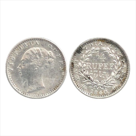 Victoria Queen, Continuous Legend, Silver ¼ Rupee, 1840, Calcutta Mint, Indian head, 20 be