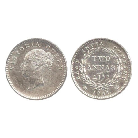Victoria Queen, Continuous Legend, Silver 2 Annas, 1841, Calcutta Mint, a lock of hair bet
