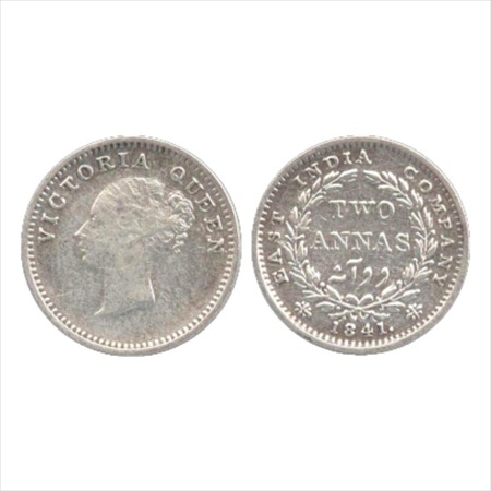 Victoria Queen, Continuous Legend, Silver 2 Annas, 1841, Madras Mint, 'S' incused, 16 berr