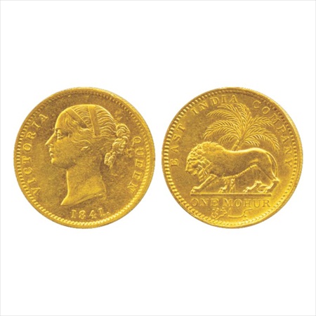 Victoria Queen, Divided Legend, Gold One Mohur, 11.63g. 1841, Calcutta Mint, cross bar of 