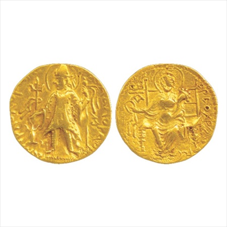 Kushan, Kanishka II (c.225-240 AD), Gold Dinar, 7.82g. Obv: King Nimbate and helmeted, sta