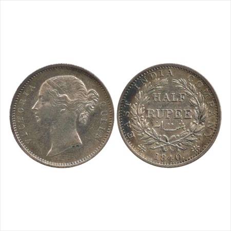 Victoria Queen, Divided Legend, Silver ½ Rupee, 1840, Calcutta Mint. Obv: W.W. incused. Re