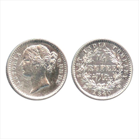 Victoria Queen, Divided Legend, Silver ¼ Rupee, 1840, Calcutta Mint, W.W. raised, 10 berri