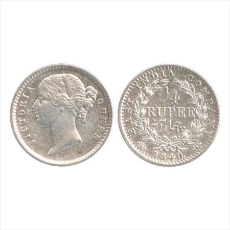 Victoria Queen, Divided Legend, Silver ¼ Rupee, 1840, Calcutta Mint. Obv: W.W. raised. Rev